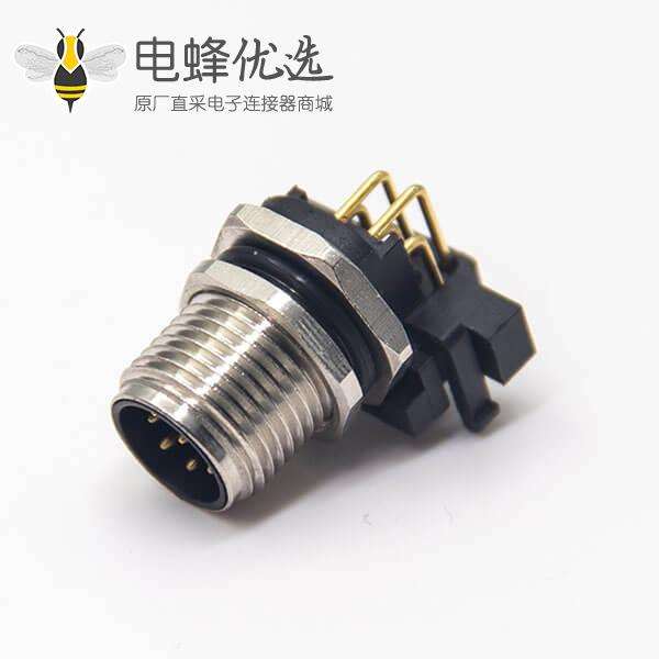 m12 8芯公头连接器插座弯式插PCB板螺纹前锁板防水传感器