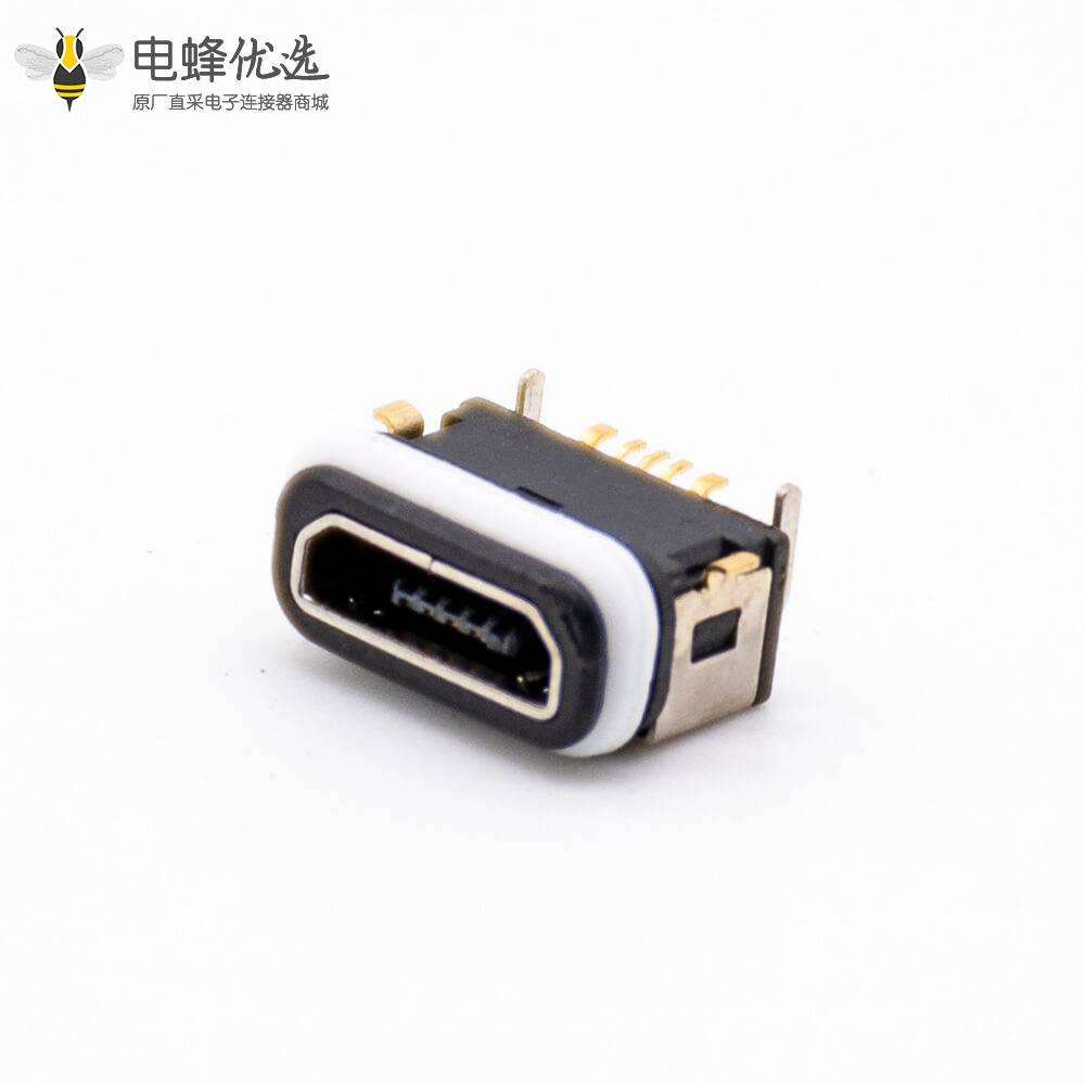 MICRO USB母座前贴后插小巧型防水B型5芯带防水胶圈IPX8板上型电流3A